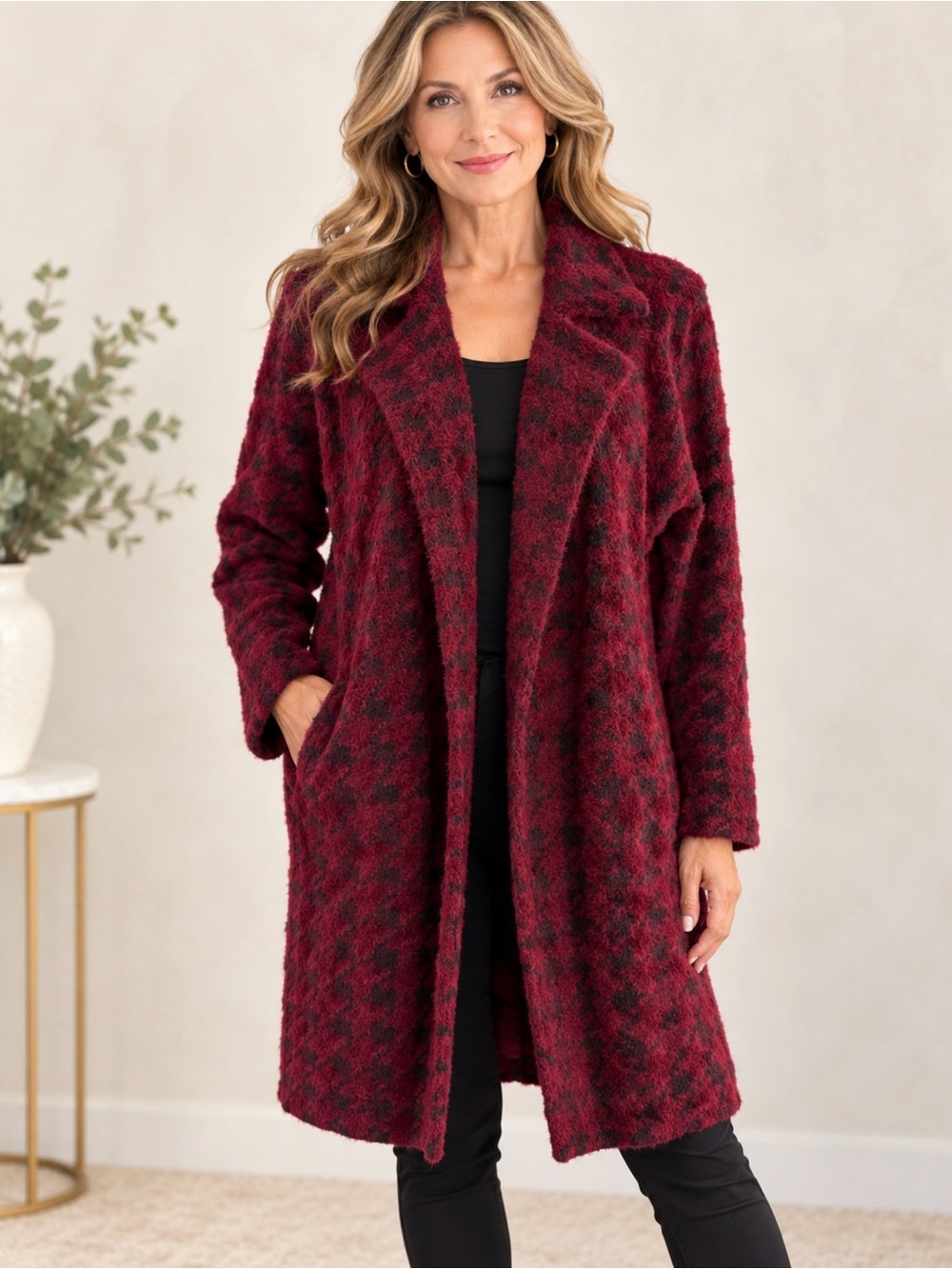 NWT Liverpool Burgundy Black Houndstooth Fuzzy Coatigan Jacket Medium